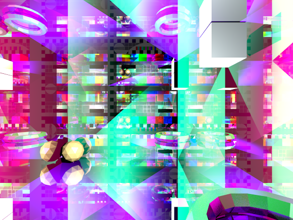 It goes
triangles of all damn colours: red on sides, green in front, and
blue up and down respectively. There are a few other objects in
this room, and (best of all), the TEST PATTERN behind a missing
wall.